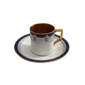 Antique Limoges Demitasse Espresso Cup Saucer Set Porcelain Floral Gold Handle